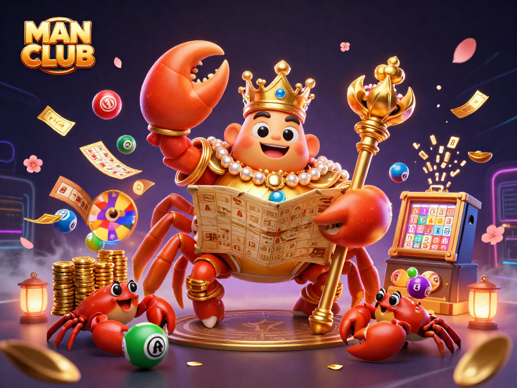 Join the excitement at MAN CLUB with a lavish casino scene showcasing animated lottery games and vibrant characters.