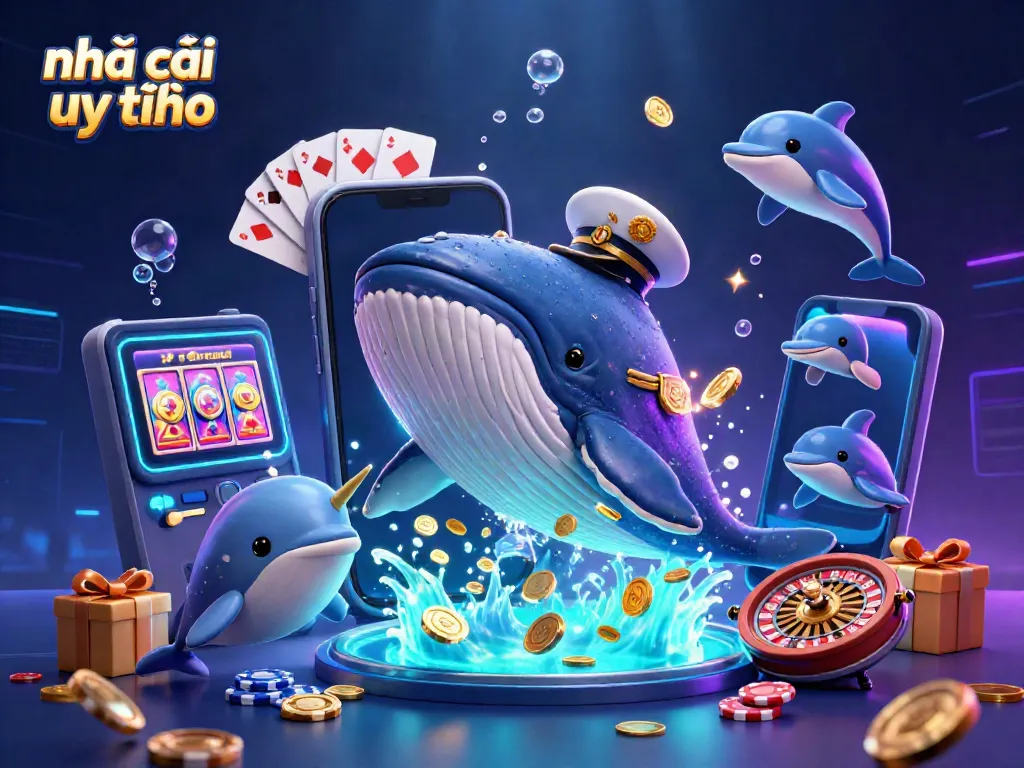 Experience fun at nhà cái uy tín with an engaging scene of a whale, narwhal, and dolphins amidst coins and games.