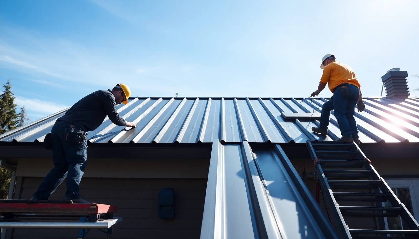 Workers installing durable metal roofing vancouver on a residential home with clear skies.