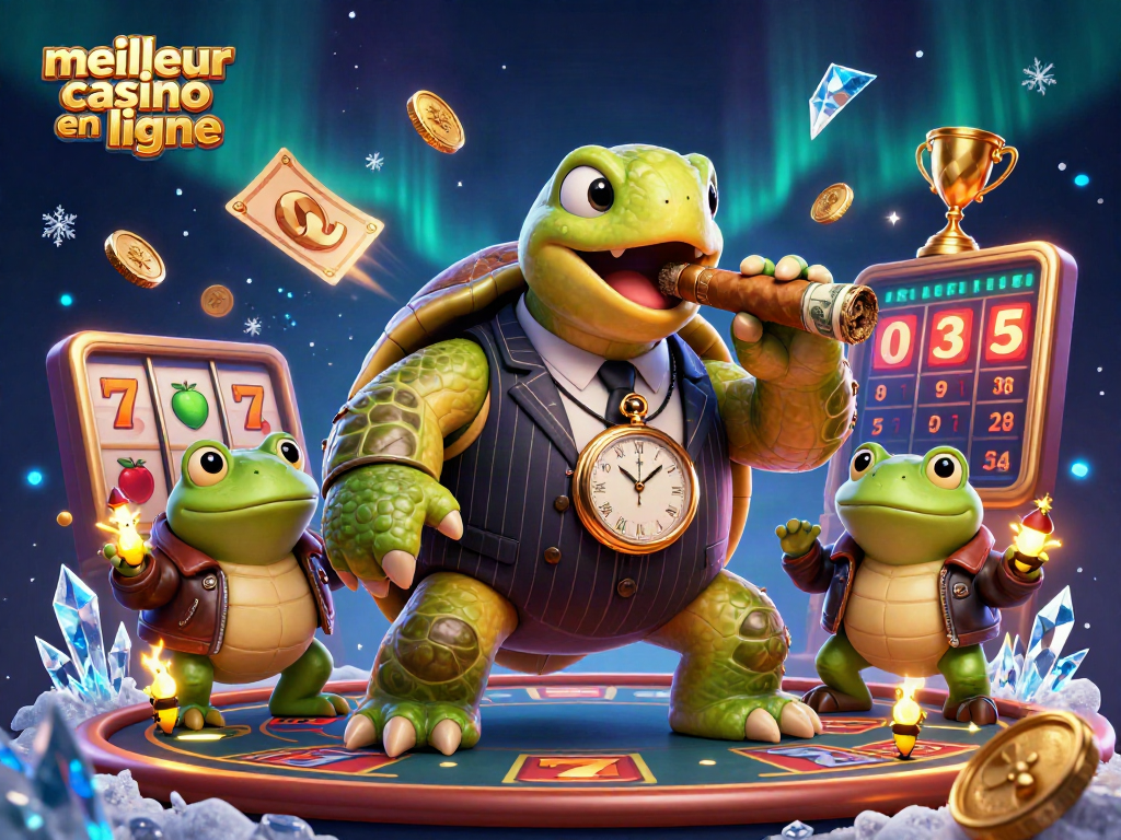 Jouez au meilleur casino en ligne avec cette scène dynamique illustrant une tortue dans un costume vintage, des grenouilles et des éléments de jeu captivants.