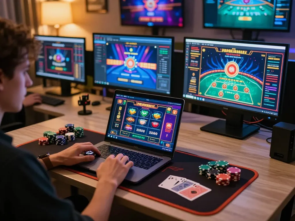 Engaged player enjoying hi88 online casino gaming experience on a sleek laptop with vibrant game graphics.