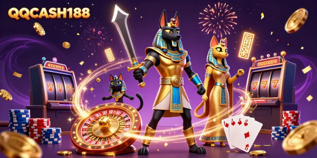 Experience winning moments at QQCASH188 with Anubis and Bastet amid casino excitement.