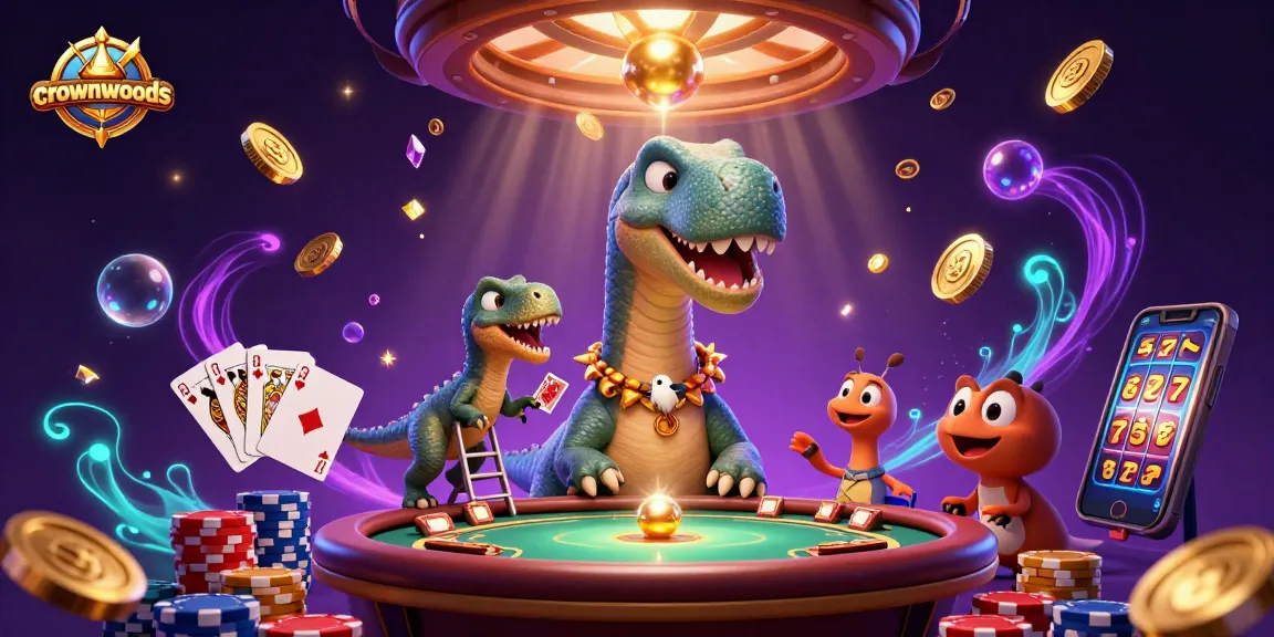 Crownwoods showcases a vibrant casino scene with a brontosaurus, raptor, and golden gaming elements.