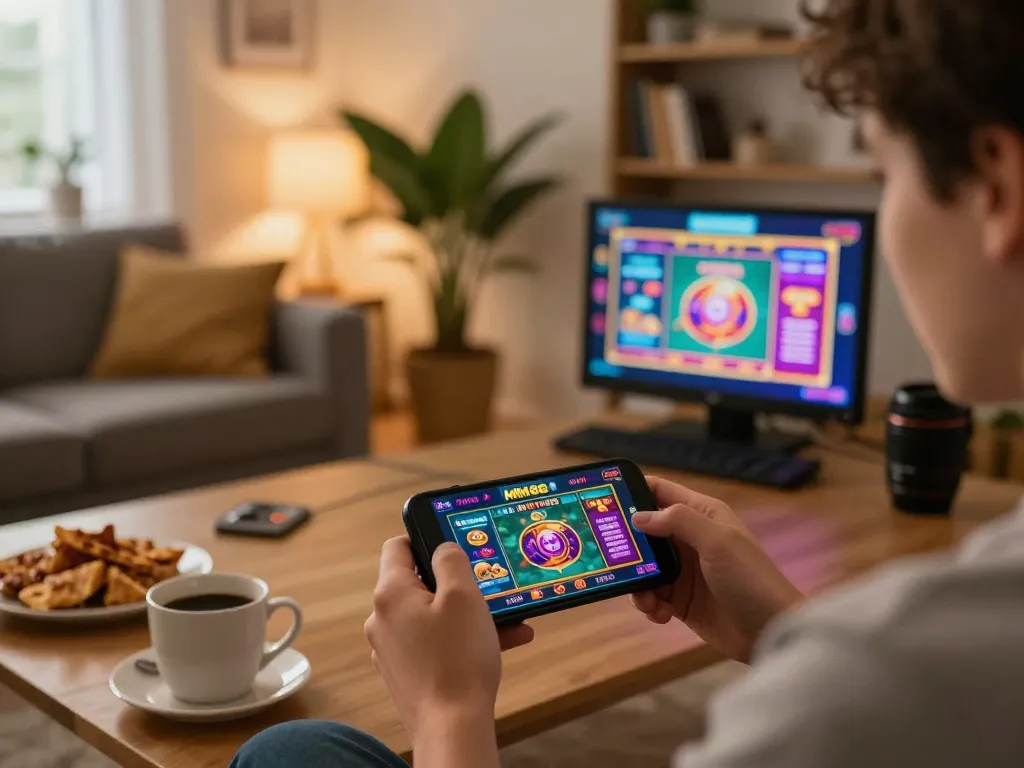 Engaging with MM88 blog on a smartphone for online gaming experience in cozy home setting.