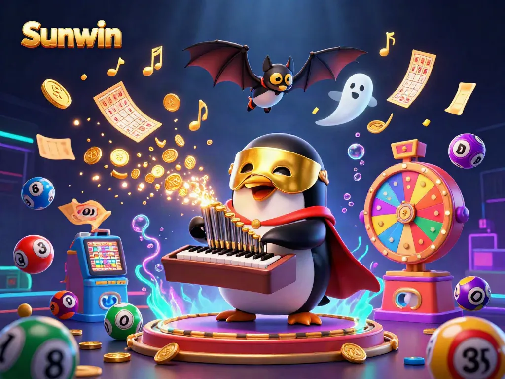 Experience engaging fun with Sunwin as a cartoon penguin plays music surrounded by colorful casino elements.