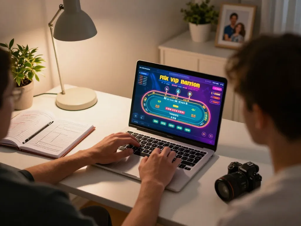 Playing live dealer games on rik vip platform at home with a laptop, warm ambiance