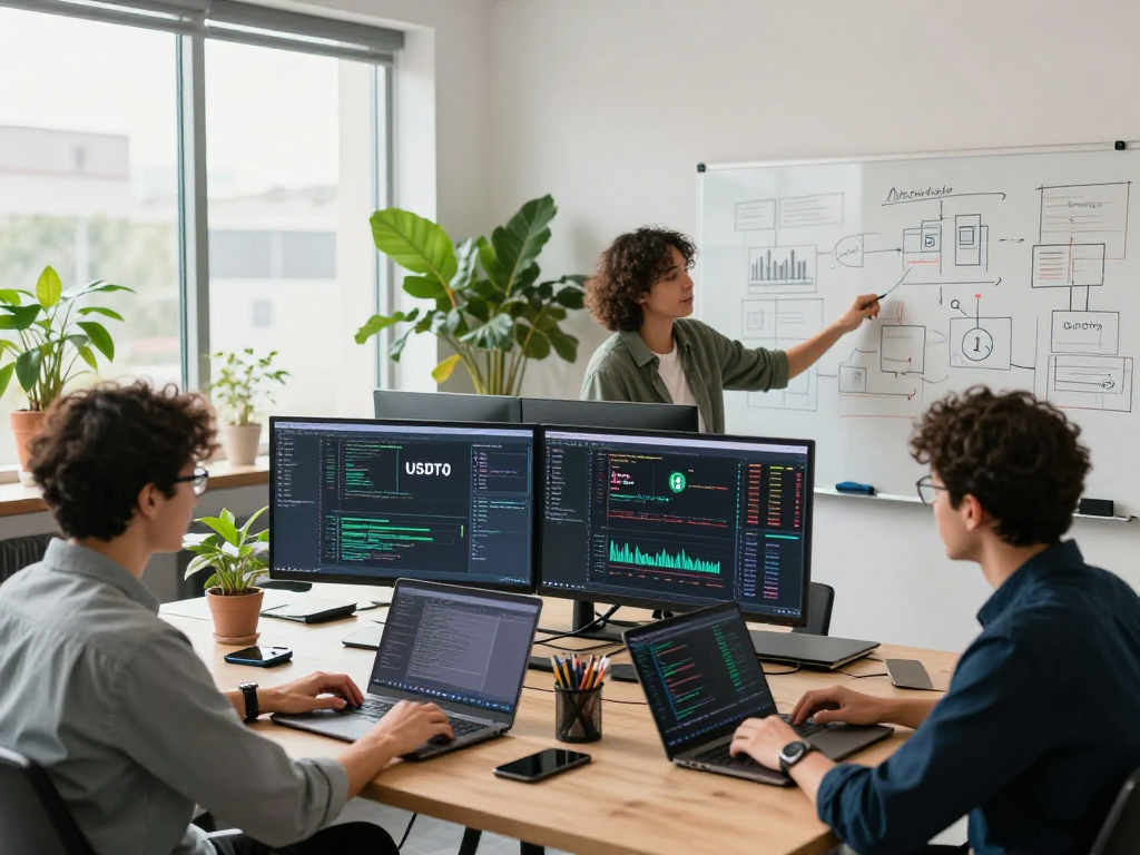 Team working on USDT0 project in a modern workspace with technology-driven focus.
