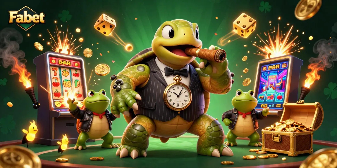 Fabet showcases a vibrant casino scene featuring a snapping turtle mobster surrounded by thrilling slot machine action.