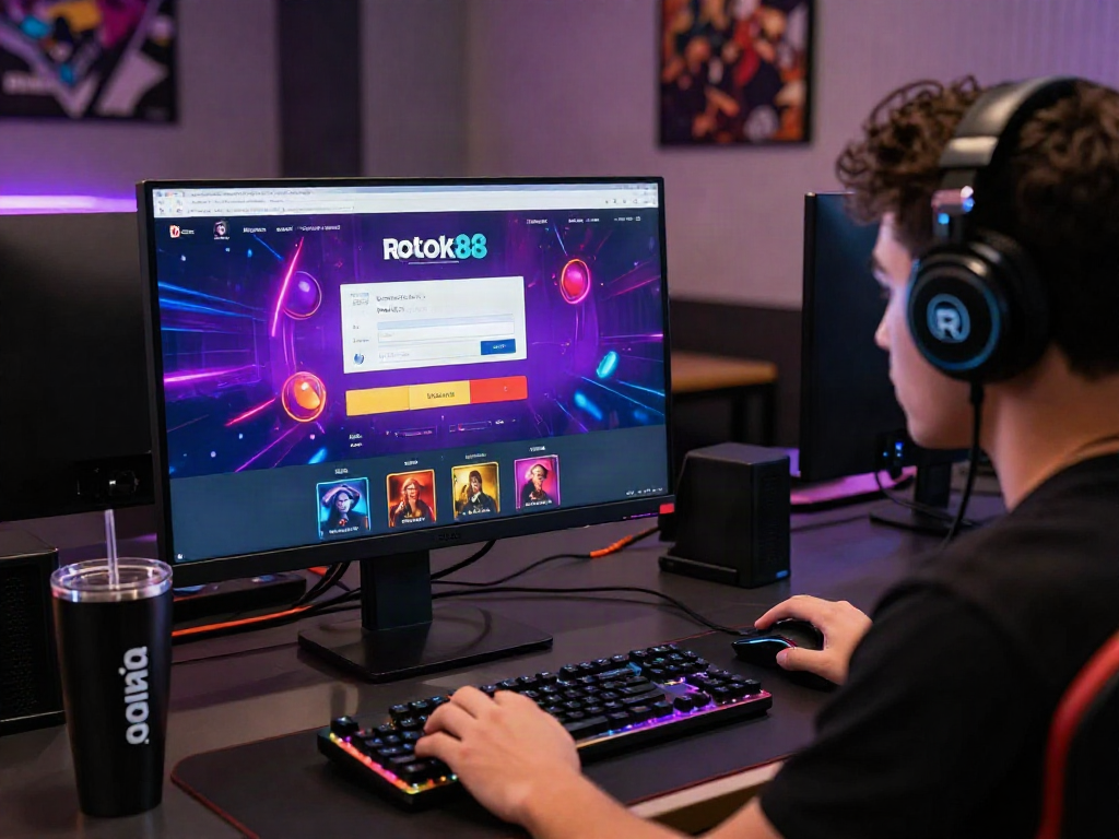 Experience seamless rokok88 login with a stylish gamer at a modern desk using desktop and gaming accessories.