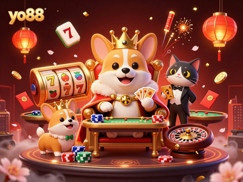 Play delightful games at yo88 with a regal corgi surrounded by festive casino elements in a vibrant atmosphere.