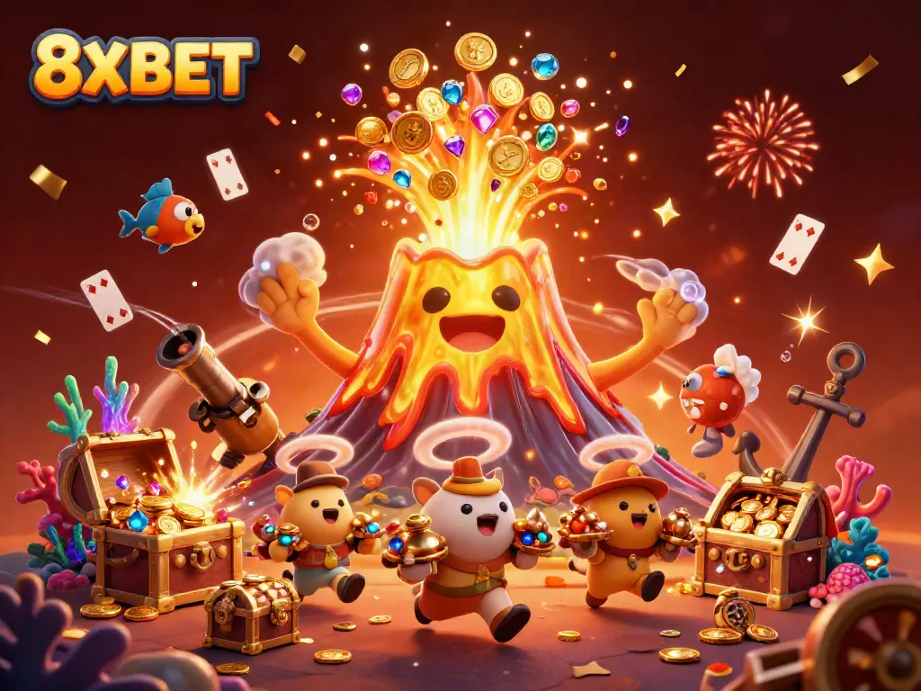 Play 8XBET with a vibrant volcano backdrop, erupting coins and gems, showcasing thrilling online gaming.