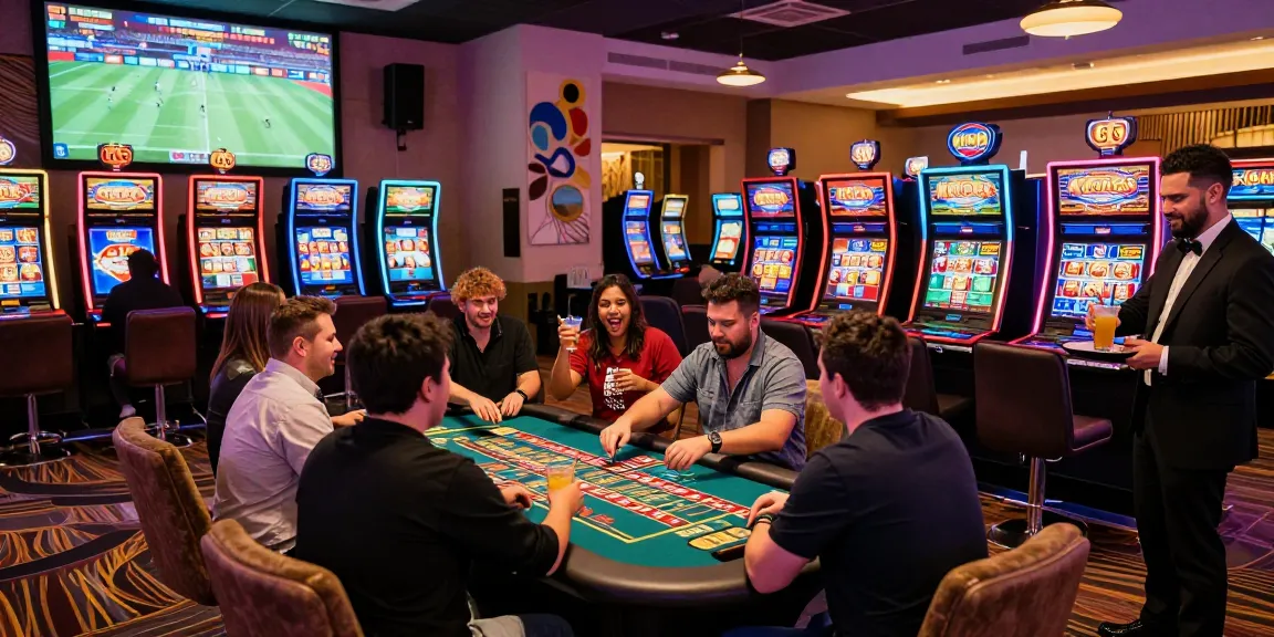 Celebrating players at KO66 Casino, vibrant atmosphere with exciting games and cocktails.