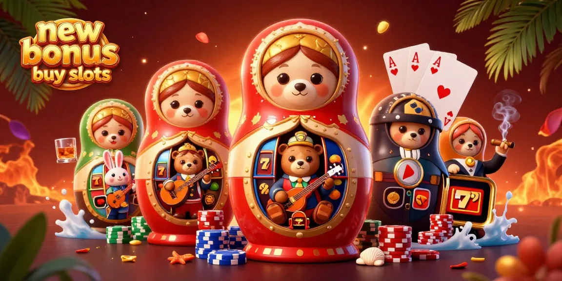 Experience new bonus buy slots with vibrant fun, featuring cartoon characters and casino elements.