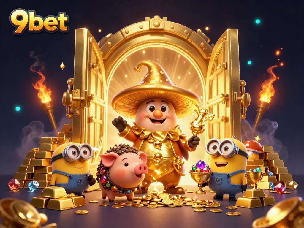 Experience 9bet's magical treasure hunt with golden wizard and treasures in a rich casino scene.