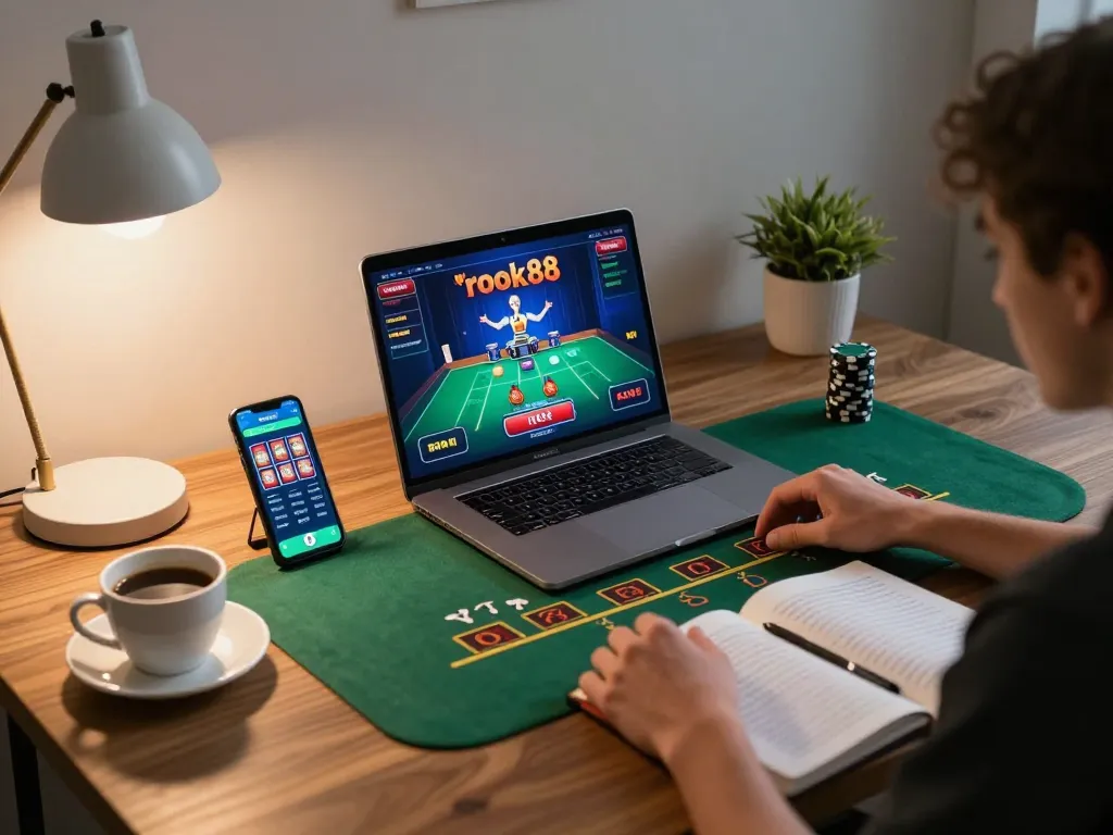 Player engaging with rokok88 slot app on laptop, enjoying online gaming at home