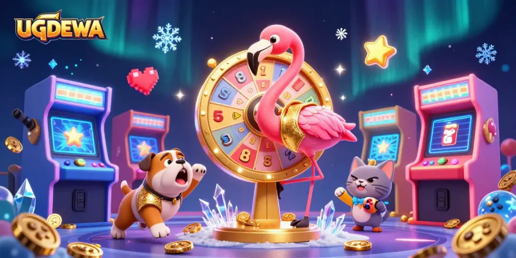 Engage with UGDEWA's thrilling gaming experience in a vibrant, dynamic casino-themed illustration.