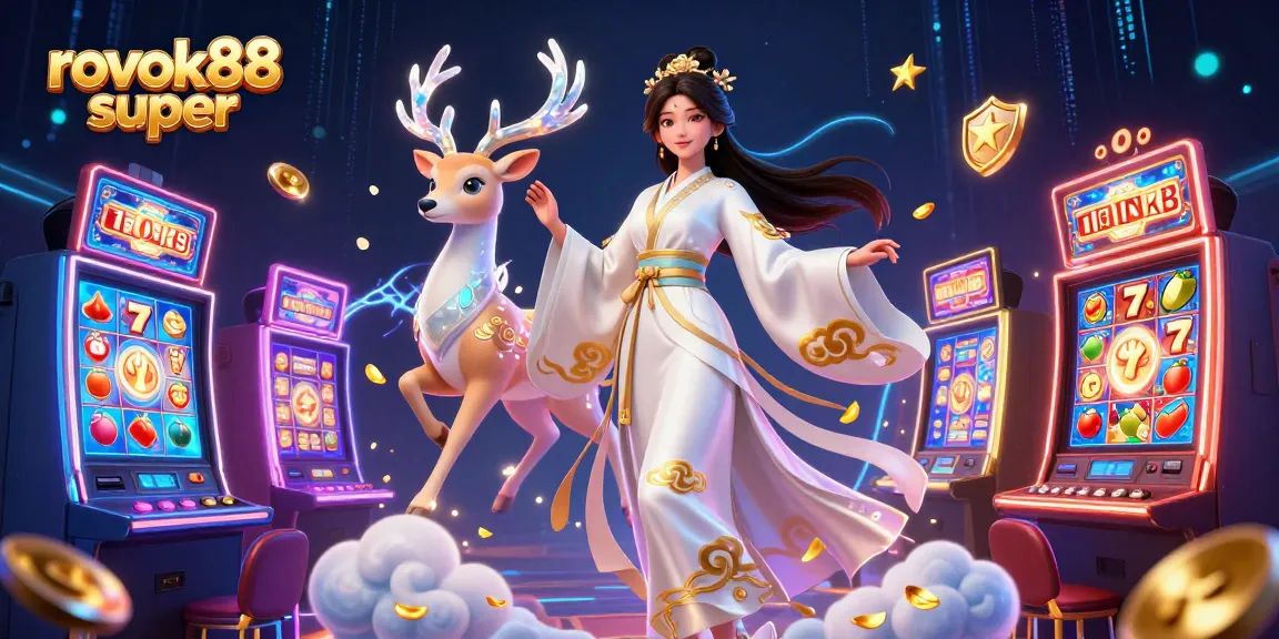 Experience the thrill of rokok88 super with vibrant slot machines and captivating gaming elements in a stunning illustration.