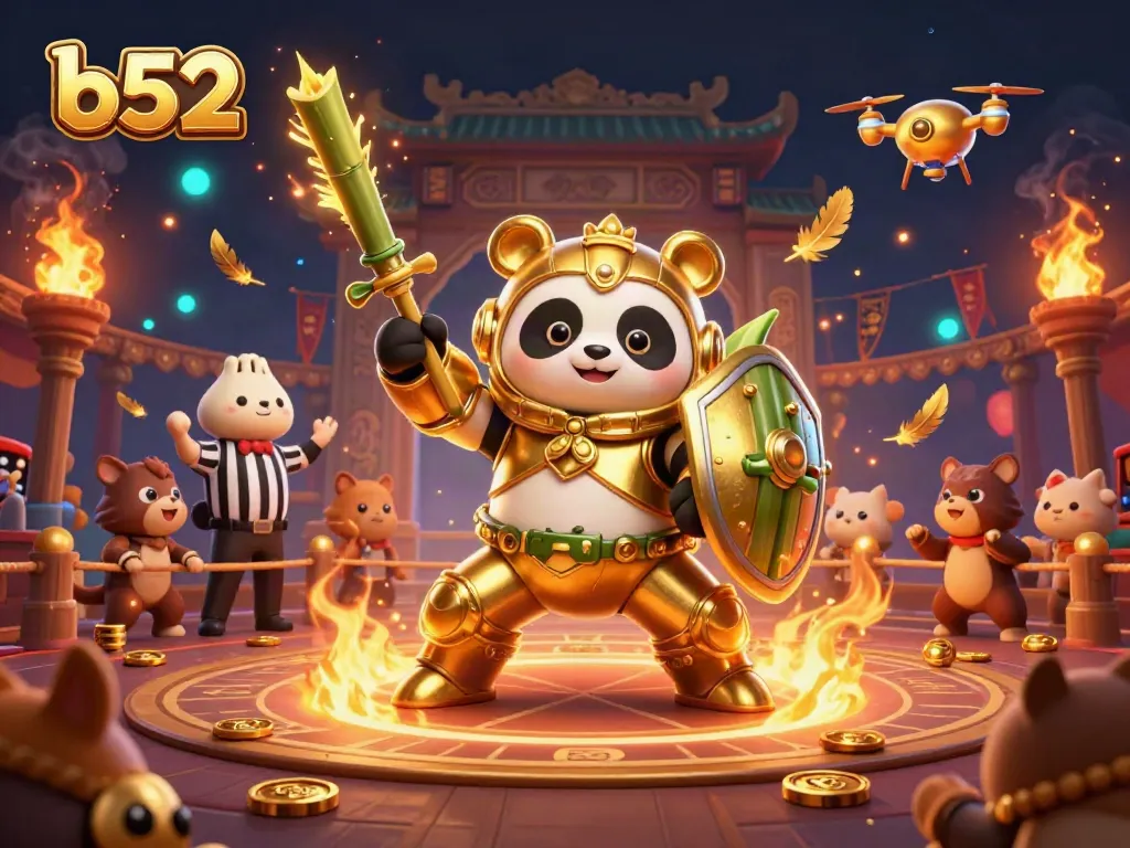 B52 game experience illustrated with a golden panda mech battling in a dynamic casino arena.