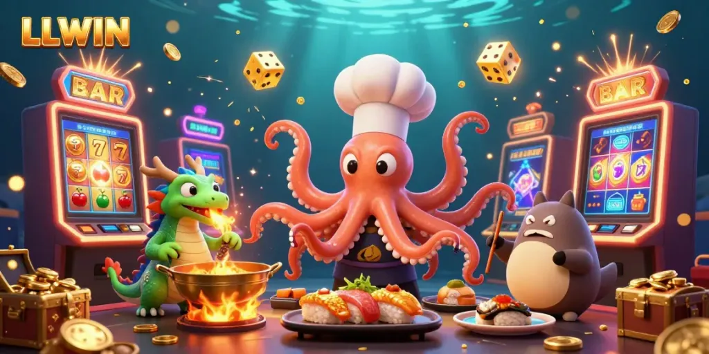 Experience LLWIN excitement with a vibrant 3D casino scene featuring a sushi chef octopus and dragon amidst jackpot thrills.