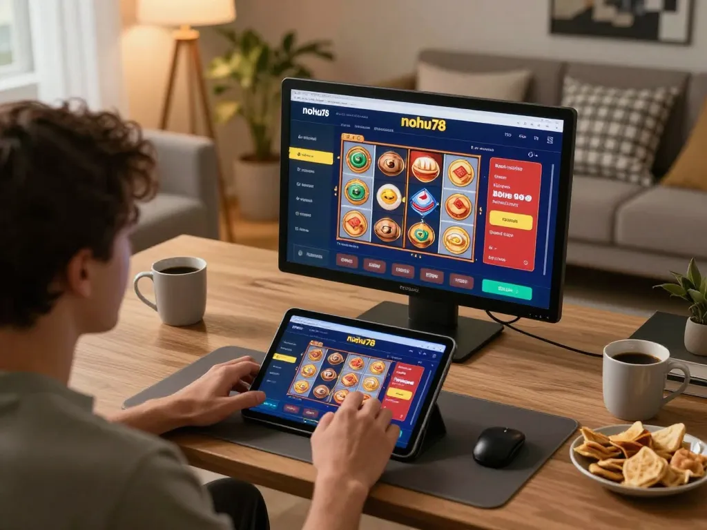 Engaged player enjoying casino games on nohu78 platform in a cozy home setting