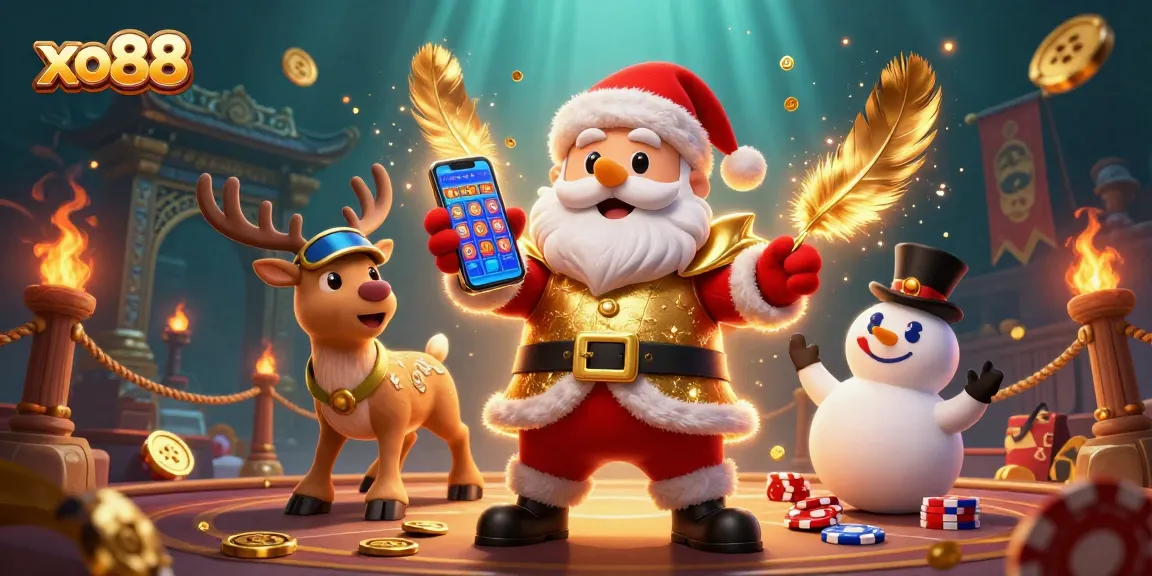 Experience thrilling slots at xo88 with a joyful Santa, reindeer dealer, and chip-top hat snowman.