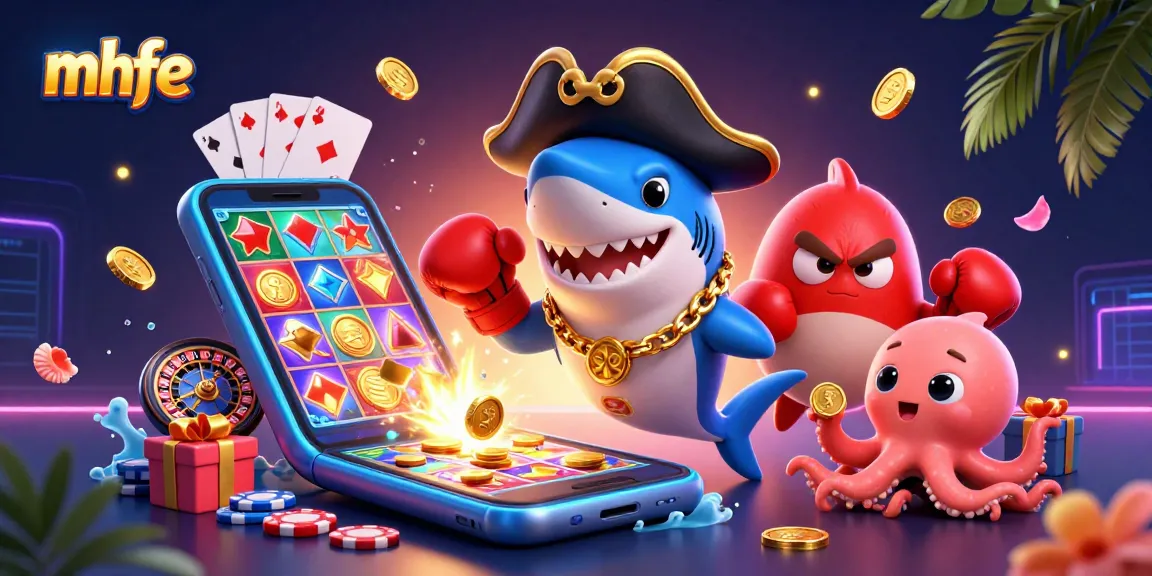 Engage with mhfe for exciting online casino action, featuring a shark, pufferfish, and octopus.