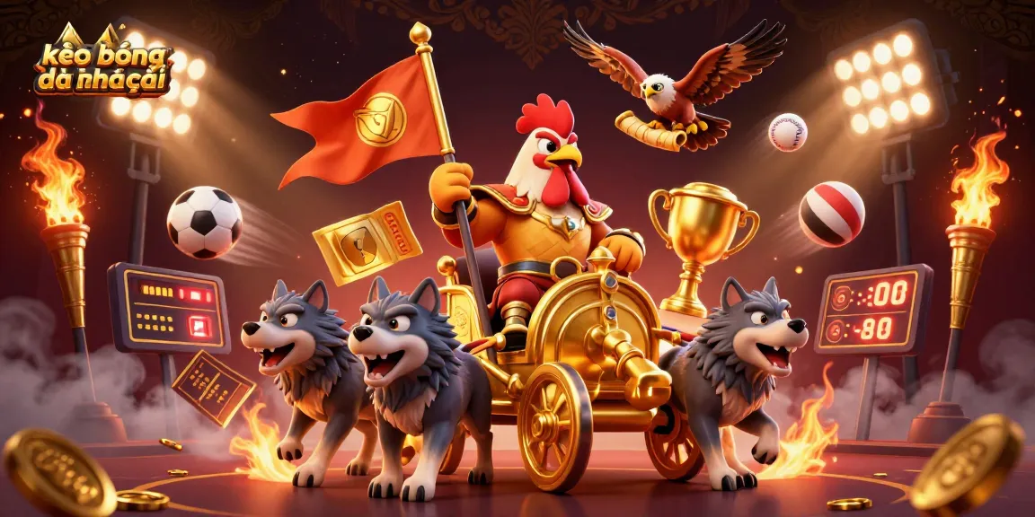 Engage in thrilling sports betting with kèo bóng đá nhà cái, featuring dynamic illustrations of sports balls and a golden trophy.