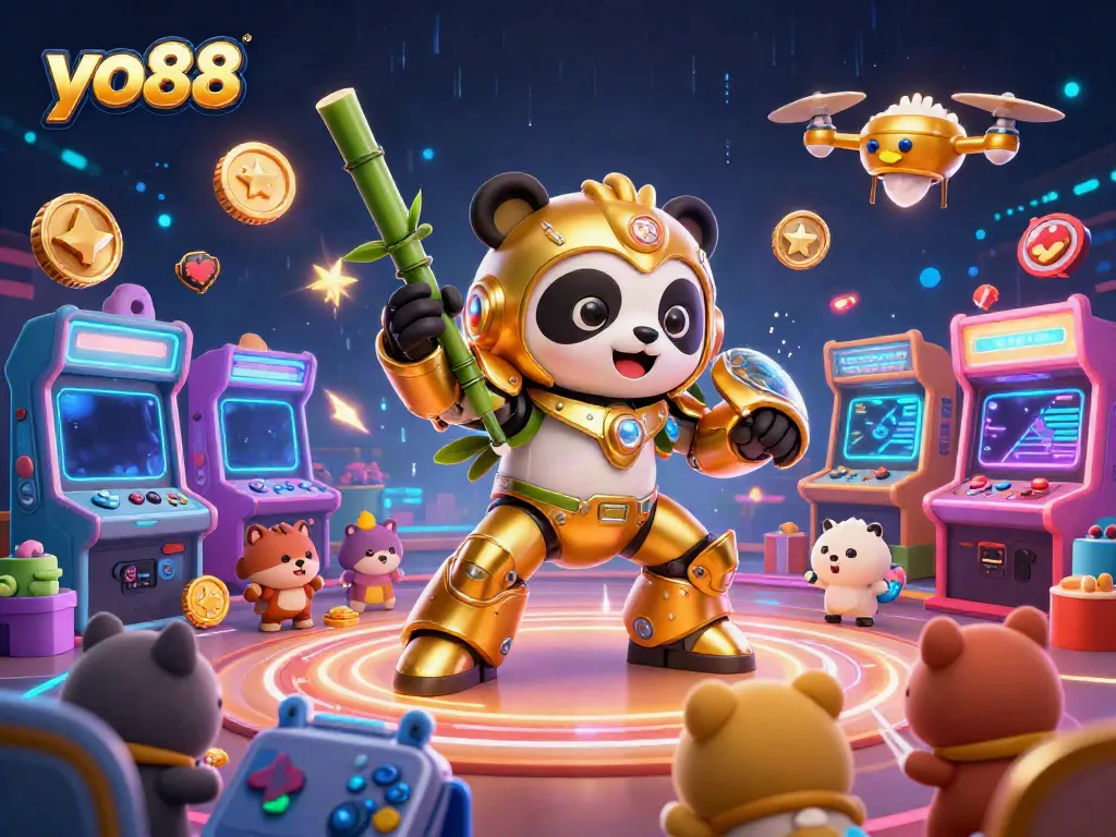 Experience exciting gaming with yo88 in this vibrant 3D casino-style illustration featuring a mech-suit panda.