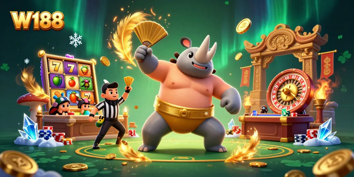 Experience W188's thrilling casino atmosphere with a playful beetle theme in dynamic 3D illustration.