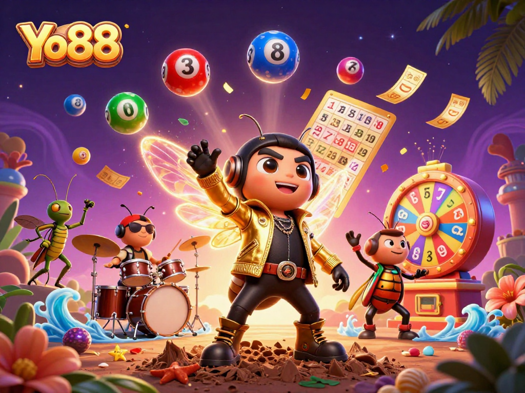 Experience the vibrant entertainment of Yo88 with a 3D rock star cicada and dynamic casino elements.