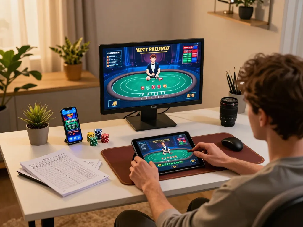 77WIN poker player strategizing gameplay on tablet, vibrant home office display with betting notes
