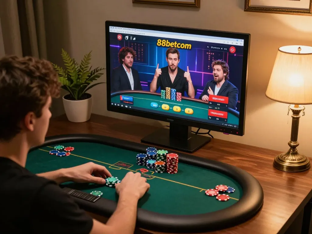 Engaged players strategizing on 88betcom's online poker platform in a refined home gaming setup.
