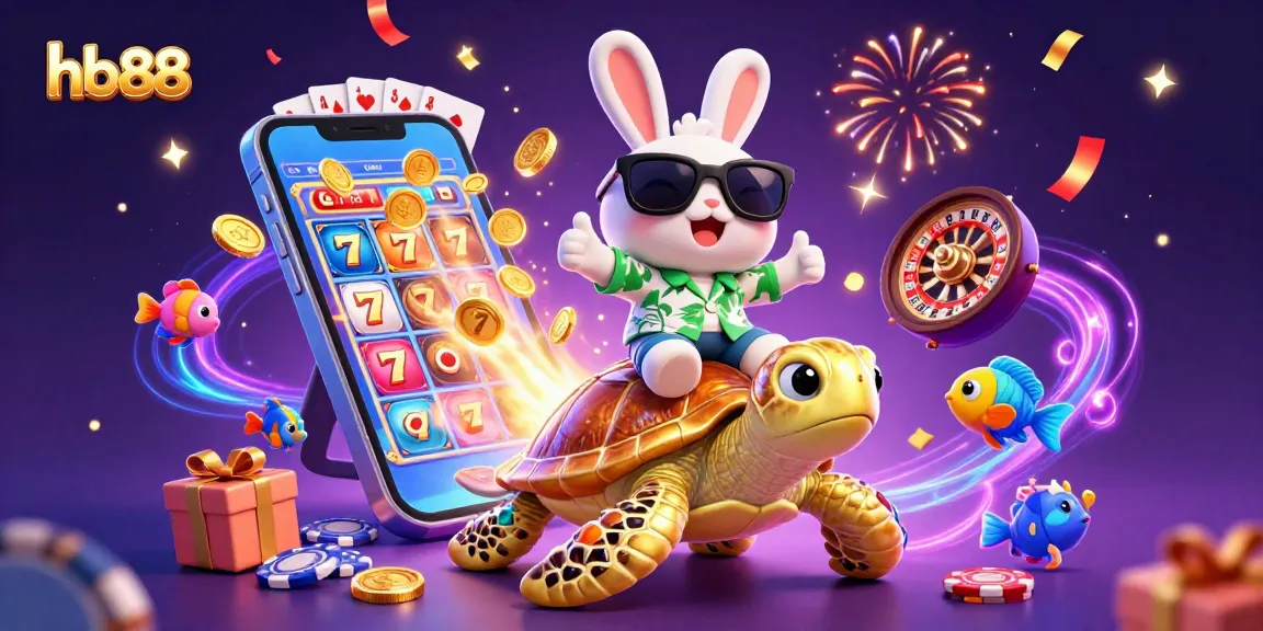Engage with hb88 slots while a lucky rabbit rides a golden sea turtle amidst vibrant casino elements.