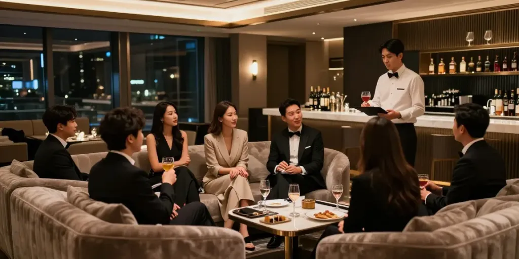 강남타이밍 쩜오의 고급스러운 실내와 고객들이 즐기는 모습