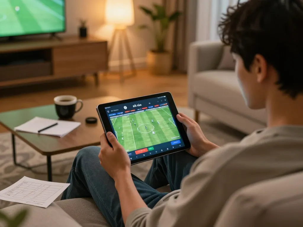 Person using xôi lạc tv app for live football betting on tablet, relaxed home setting.