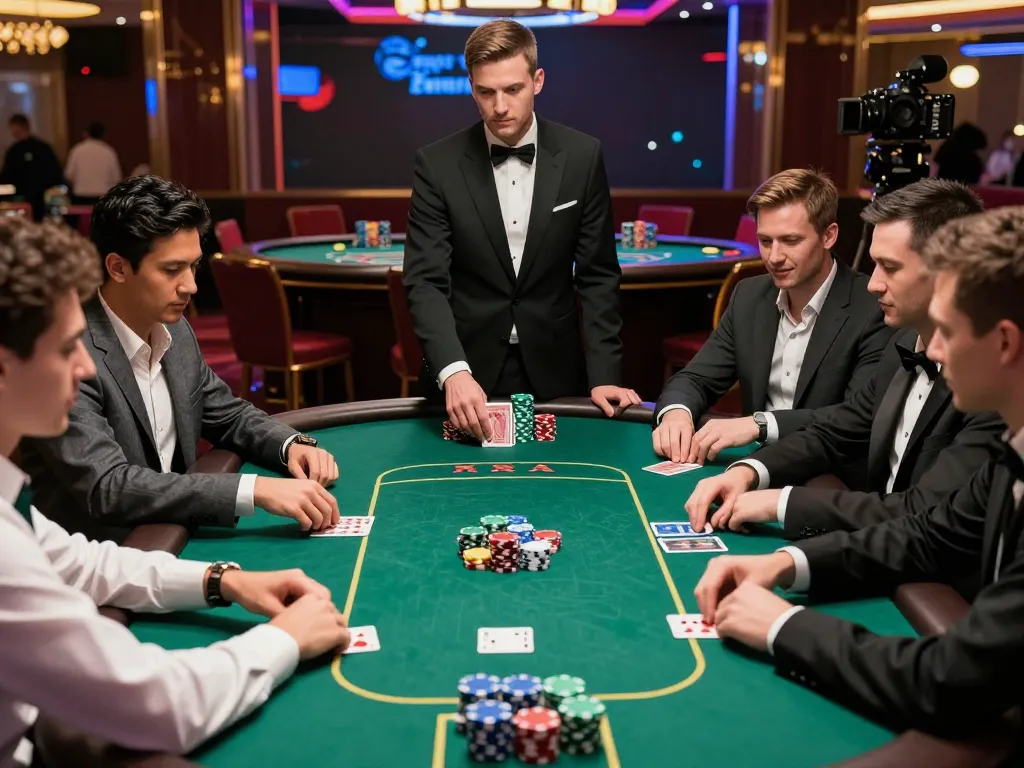 Players engage in an exciting poker game at a luxurious casino, showcasing 789 strategies for winning.