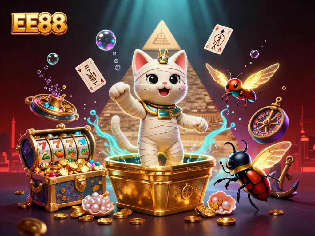 Engage in thrilling casino adventures with EE88 featuring a cartoon mummy cat and golden treasures.