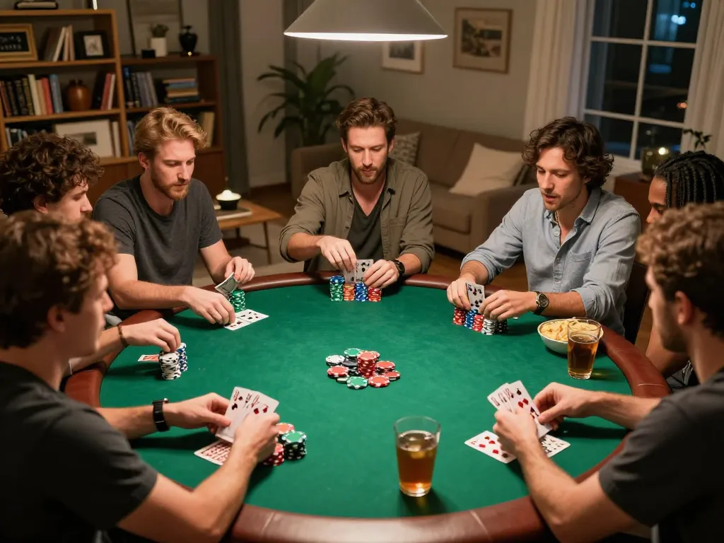 Friends enjoying a thrilling home poker night with colorful chips and cards, featuring VA88 as a friendly competition centerpiece.
