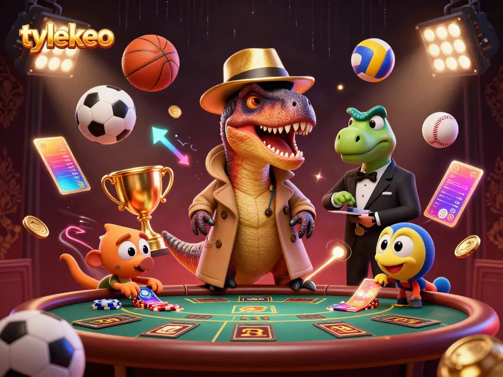 Engage in thrilling sports betting action with tylekeo in a crowded casino atmosphere featuring vibrant characters.