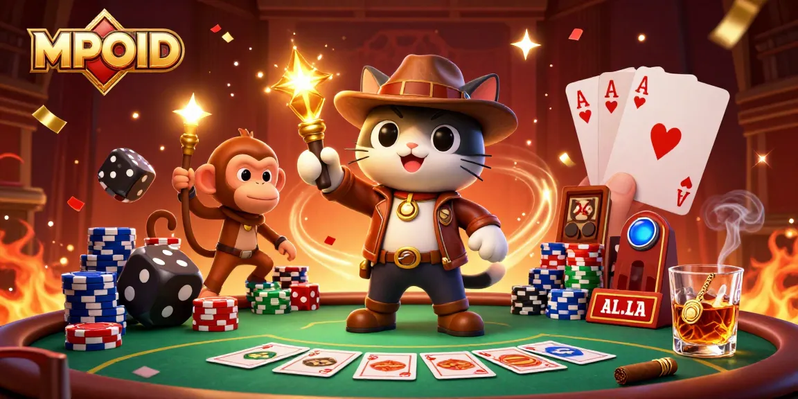 Engage with MPOID through a thrilling 3D scene depicting an explorer cat and monkey at a vibrant casino artifact