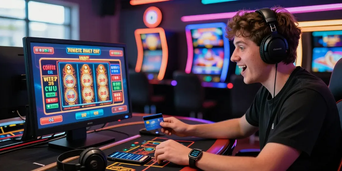 Engaged player at a credit card casino on https://southsomersetenvironment.co.uk/, excitedly navigating vibrant slot games and features.