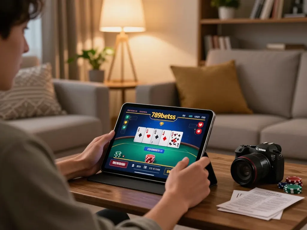 Engaged player placing bets on 789betss via tablet in a cozy living room atmosphere.