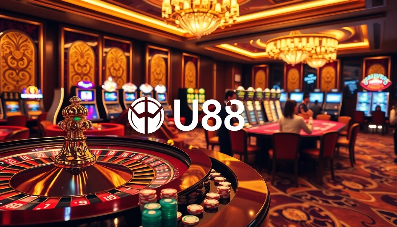 Engage with thrilling U88 gambling experiences at a luxurious casino, showcasing roulette and slot machines.