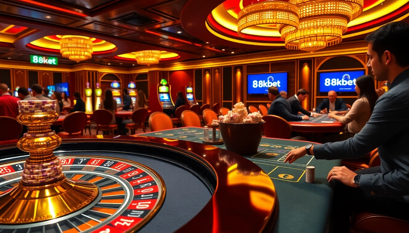 8kbet players strategizing in a luxurious casino atmosphere with roulette tables and poker chips.