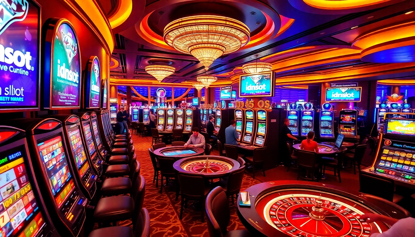 Players enjoying idnslot games at a glamorous casino with vibrant slot machines.