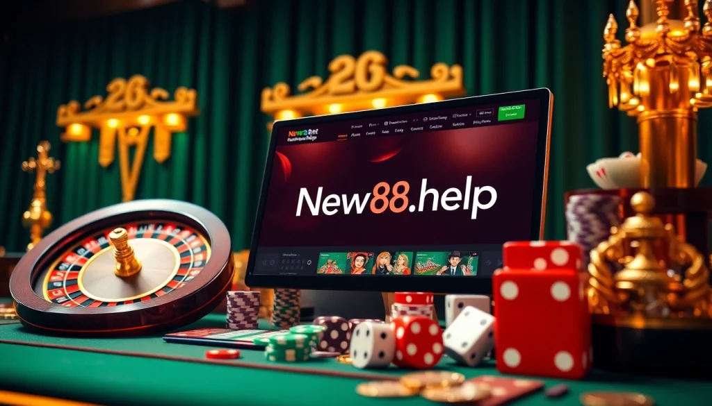 Engaging casino scene featuring New88.help with immersive roulette and poker elements.