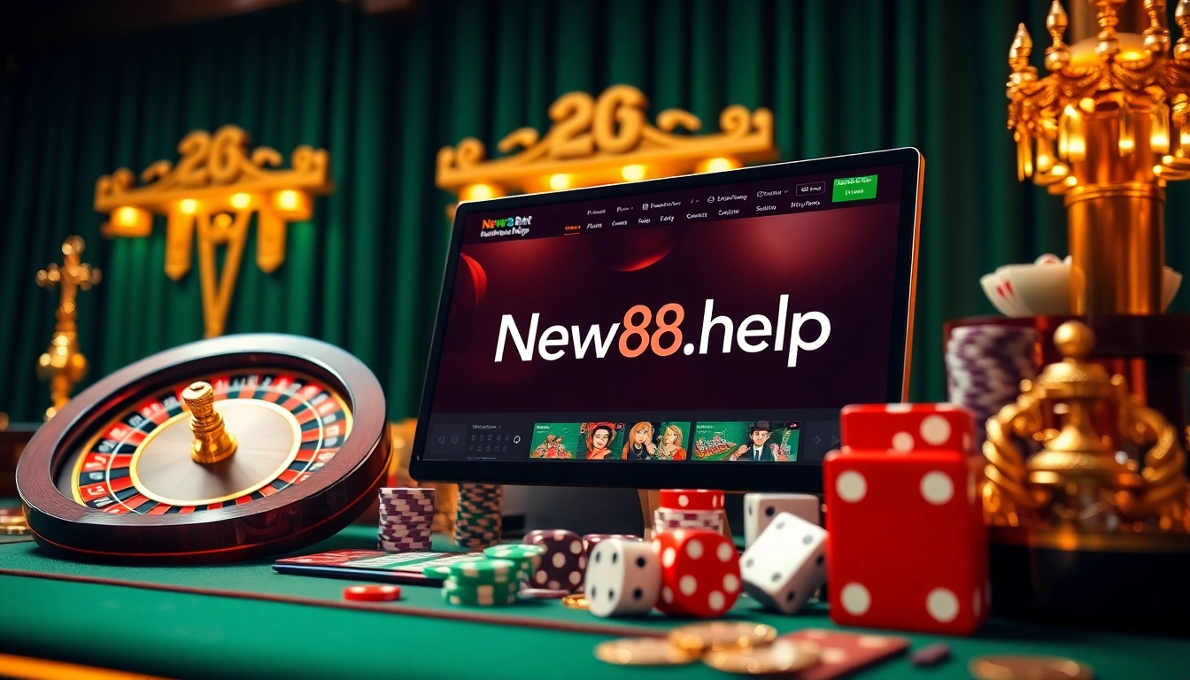 Engaging casino scene featuring New88.help with immersive roulette and poker elements.