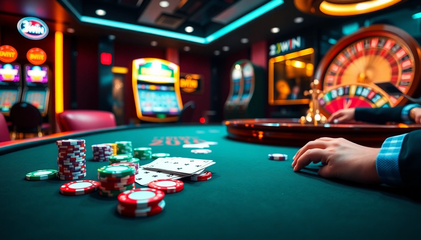 Experience the excitement of 23WIN with vibrant casino tables and colorful chips.