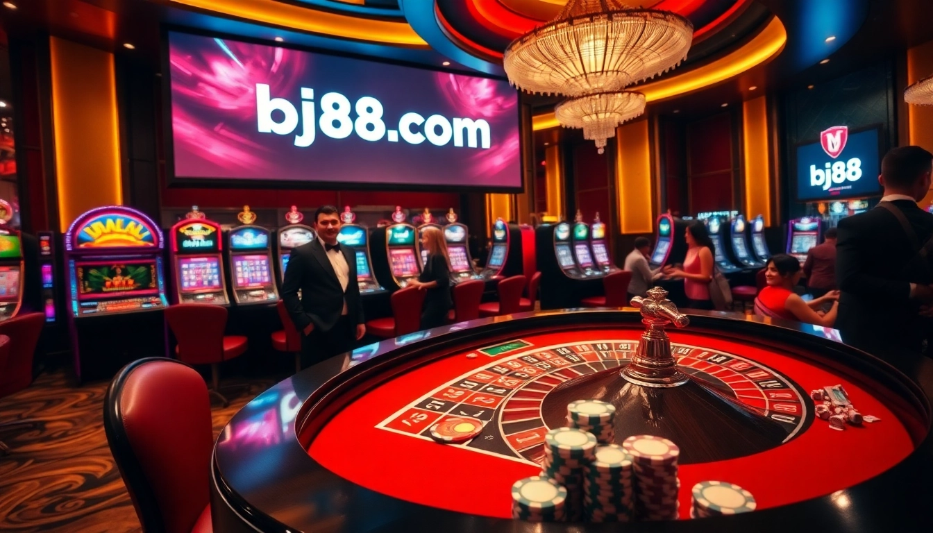 Experience the excitement of gambling at bj88.com with vibrant slot machines and roulette tables.