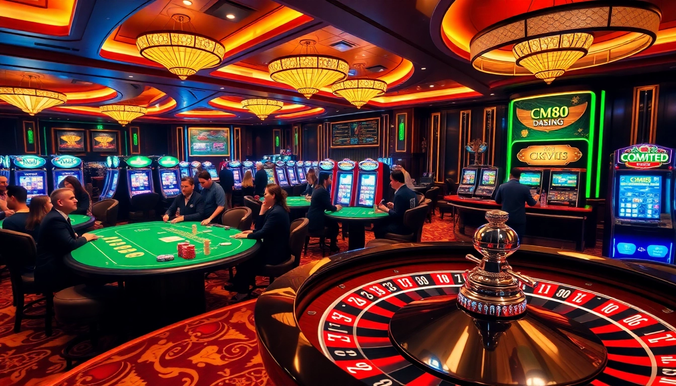 Players enjoying high-stakes games at CM88 OKVIP's vibrant casino atmosphere filled with excitement.